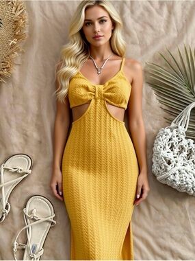 Elegant maxi bodycon bra top Yellow Cut-Out slit Dress